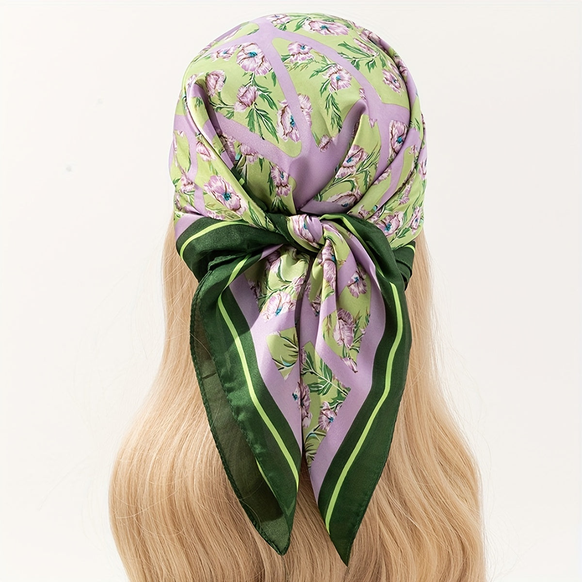 Eustoma Print Bandana Square Scarf Silky Geometric Block Purple Neck Wrap