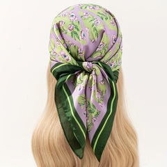 Eustoma Print Bandana Square Scarf Silky Geometric Block Purple Neck Wrap