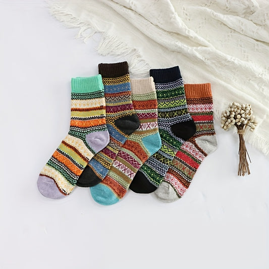 5 Pairs Geometric Pattern Socks Warm Mid Tube Women's Stockings
