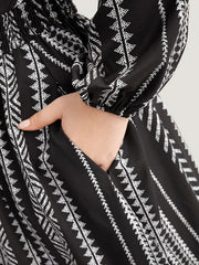Geometric Print Long Sleeve Plus Size Boho Dress with Pockets