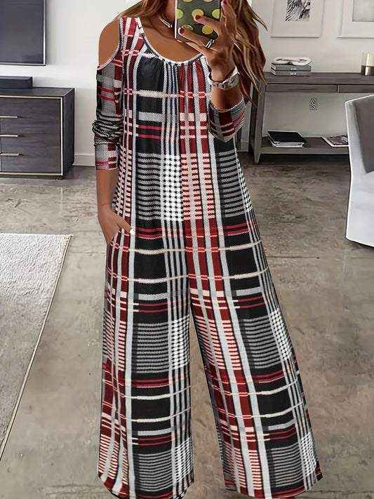  Plaid Print Cold Shoulder Jumpsuit