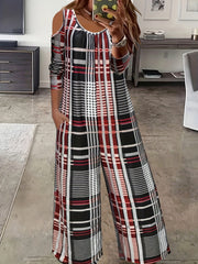 Plaid Print Cold Shoulder Jumpsuit