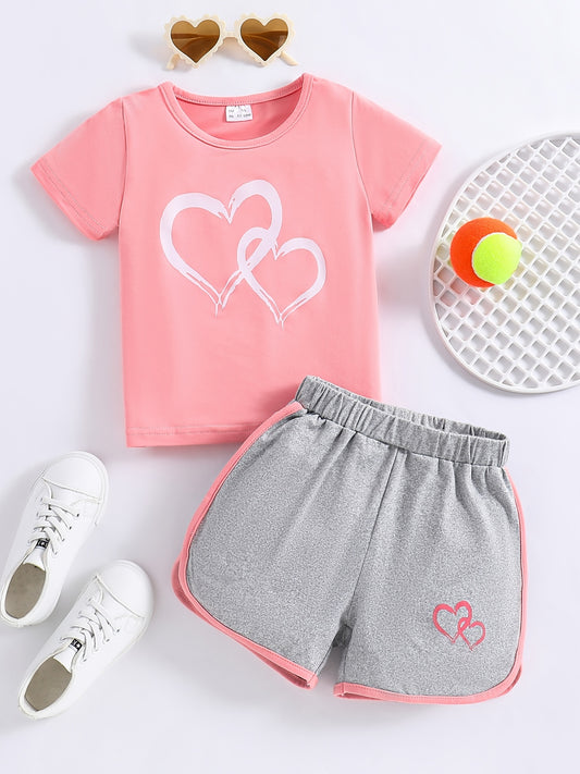 2pcs Baby Girls Heart Print T shirt & Shorts Set Baby Summer Clothes