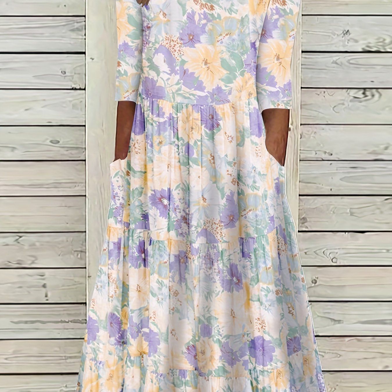Floral Print Short Sleeve Round Neck Smock Dress With Pockets