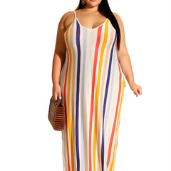 Colorful Striped Loose Fit Cami Dress With Belt Women's Plus Long Dress