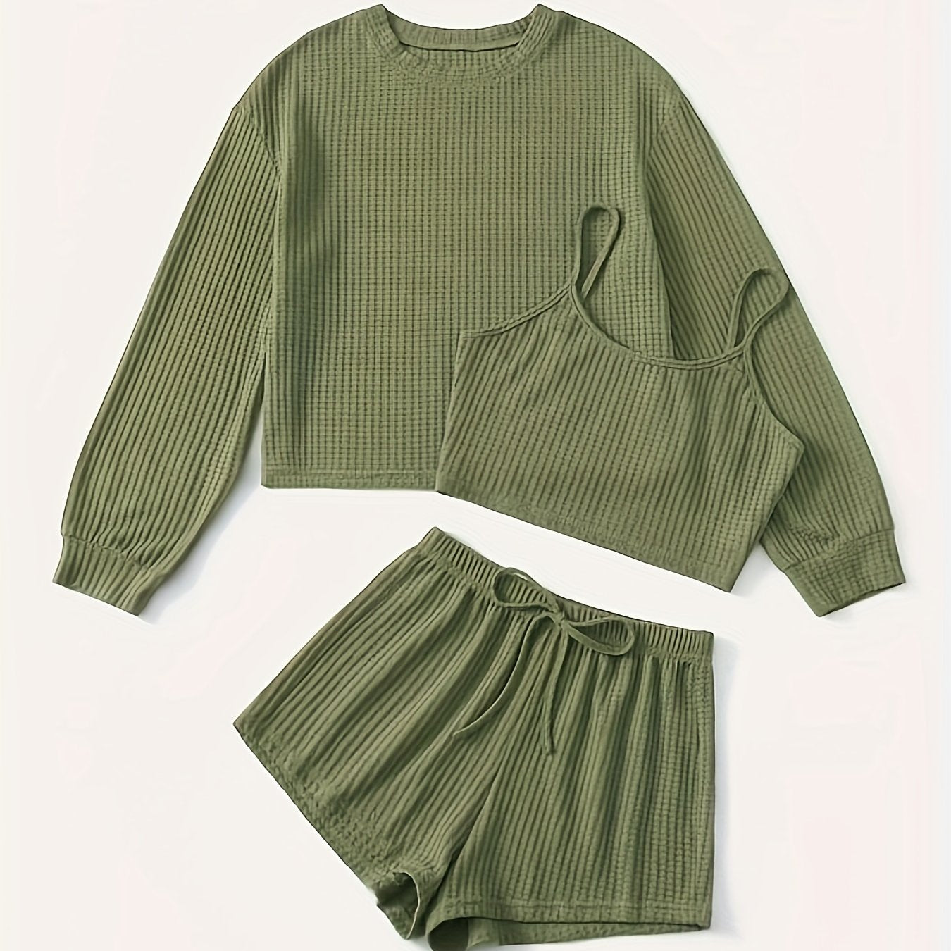 Solid Waffle 3pc Set Crew Neck Long Sleeve Tops & Sleeveless Cami Top