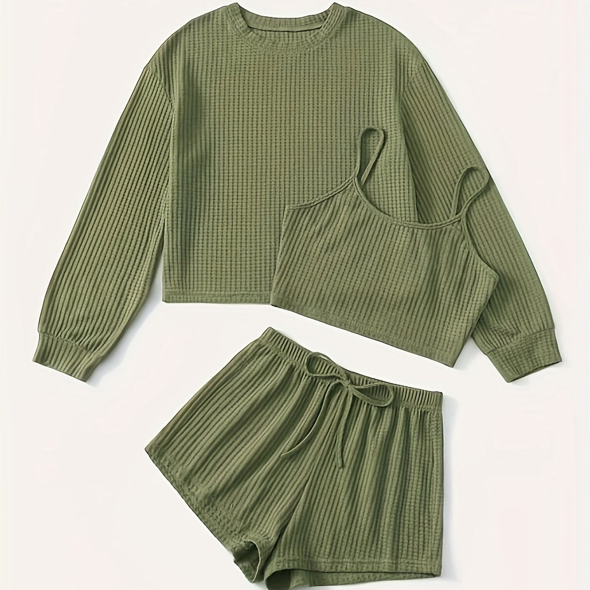 Solid Waffle 3pc Set Crew Neck Long Sleeve Tops & Sleeveless Cami Top