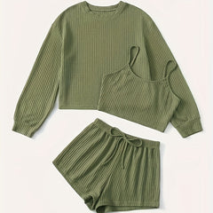 Solid Waffle 3pc Set Crew Neck Long Sleeve Tops & Sleeveless Cami Top