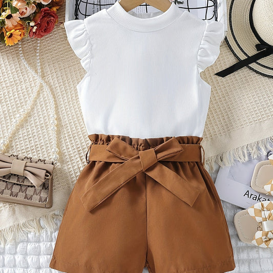 Girls 2pcs Sleeveless Top & Elastic Waist Shorts Summer Kids Clothes