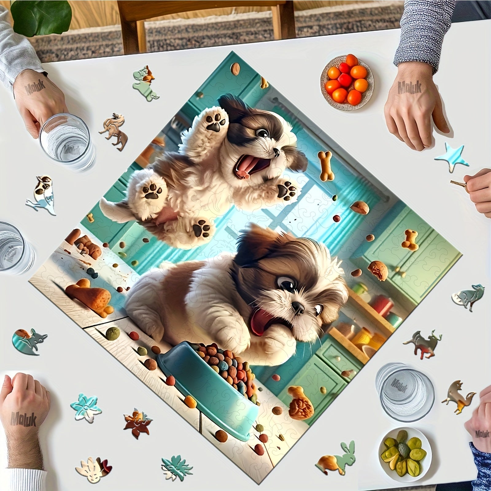 Vibrant Rainbow Wooden Jigsaw Puzzle for Adults - Two Hungry Puppies