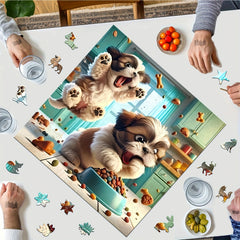 Vibrant Rainbow Wooden Jigsaw Puzzle for Adults - Two Hungry Puppies