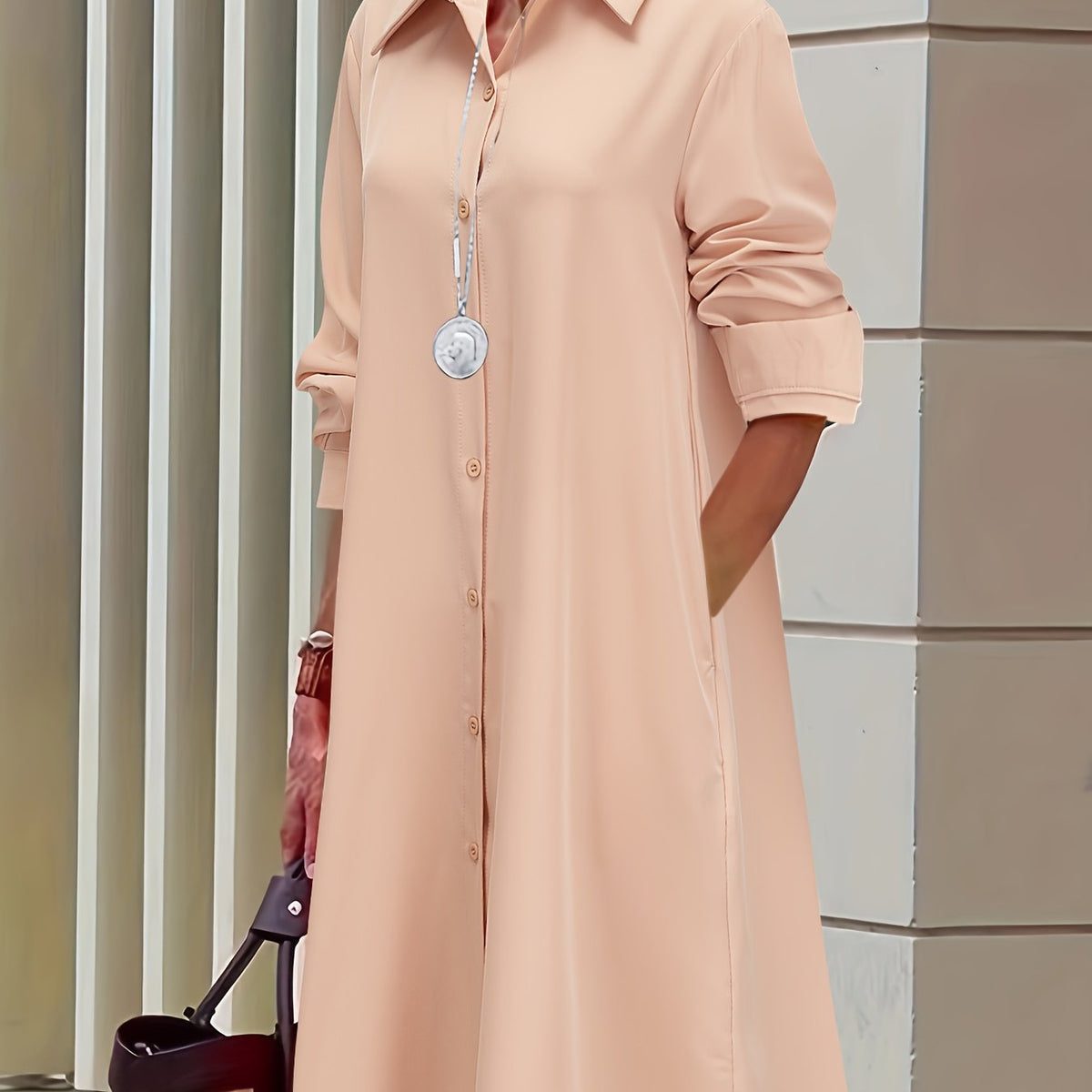 Plus Solid Button Up Long Sleeve Shirt Dress