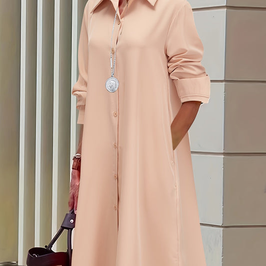Plus Solid Button Up Long Sleeve Shirt Dress