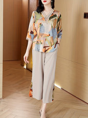 Floral Print Two piece Set Lace V neck Blouse & Wide leg Pants Outfit