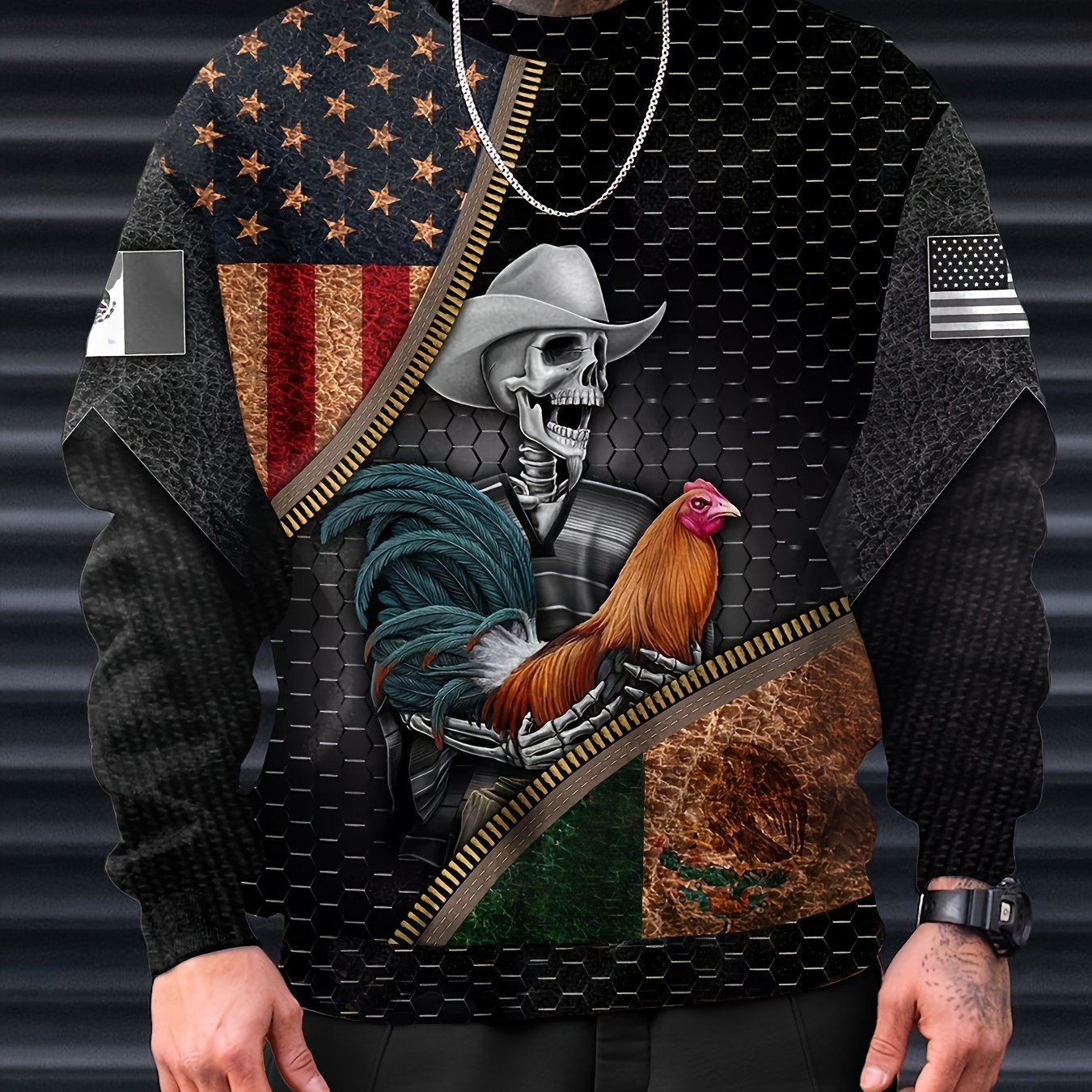 Mex Rooster Skeleton Print Men's Round Neck Sweatshirt Autumn Winter