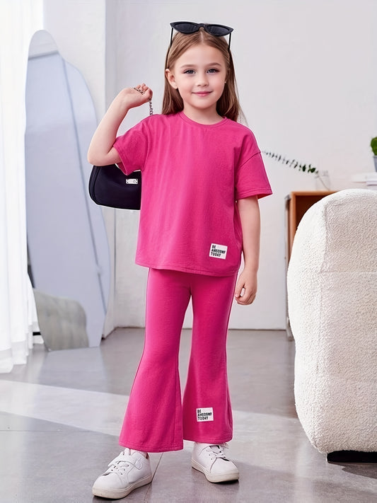 Girl's 2pcs Tshirt & Flared Pants Set BE AWESOME TODAY Patched Short Sleeve Top
