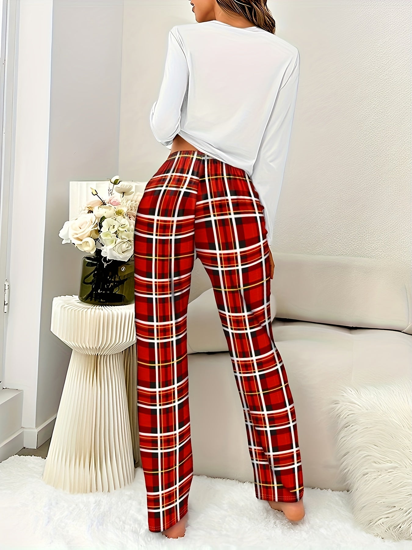 Letter Print Pajama Set Long Sleeve Top & Plaid Pants