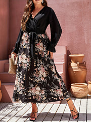 Floral Print Maxi Dress with Flounce Sleeves and Belt