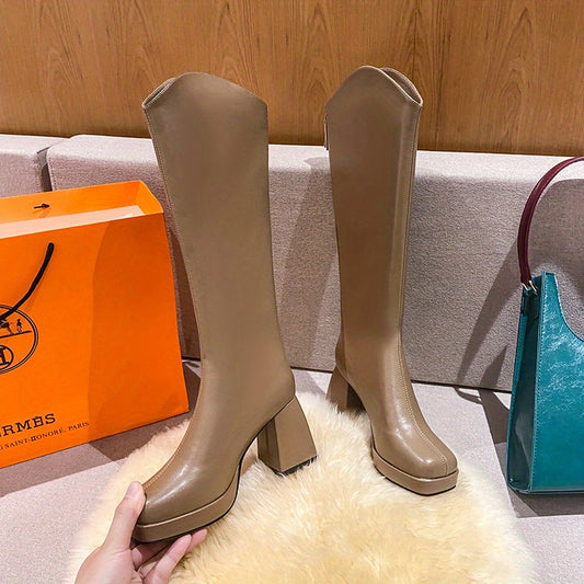 Women's Square Toe Block Heeled Boots Back Zip Dress Boots