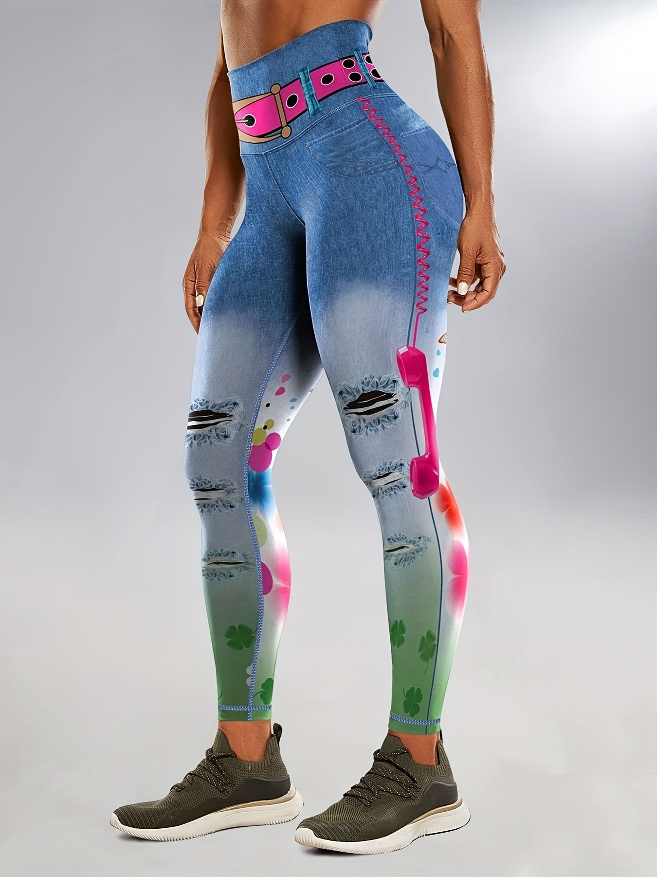 Faux Denim Print Butt Lifting Fitness Gym Leggings