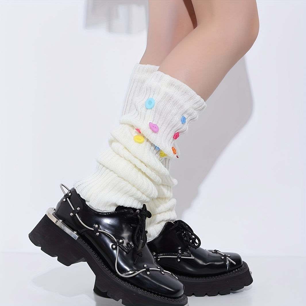 Button Decor Leg Warmers Knitted Socks Women's Stockings