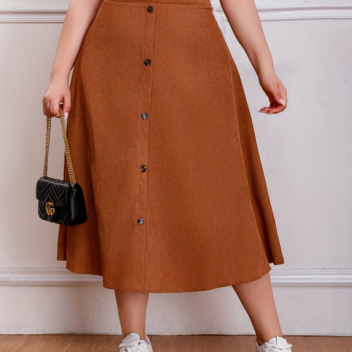  Casual Swing Maxi Skirt Solid Color High Rise Button Detail