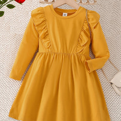 Girls' Frill Trim Long Sleeve Dress for Holiday