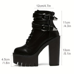 Women's Platform Block Heel Boots Lace Up Ankle Motorcycle Boots