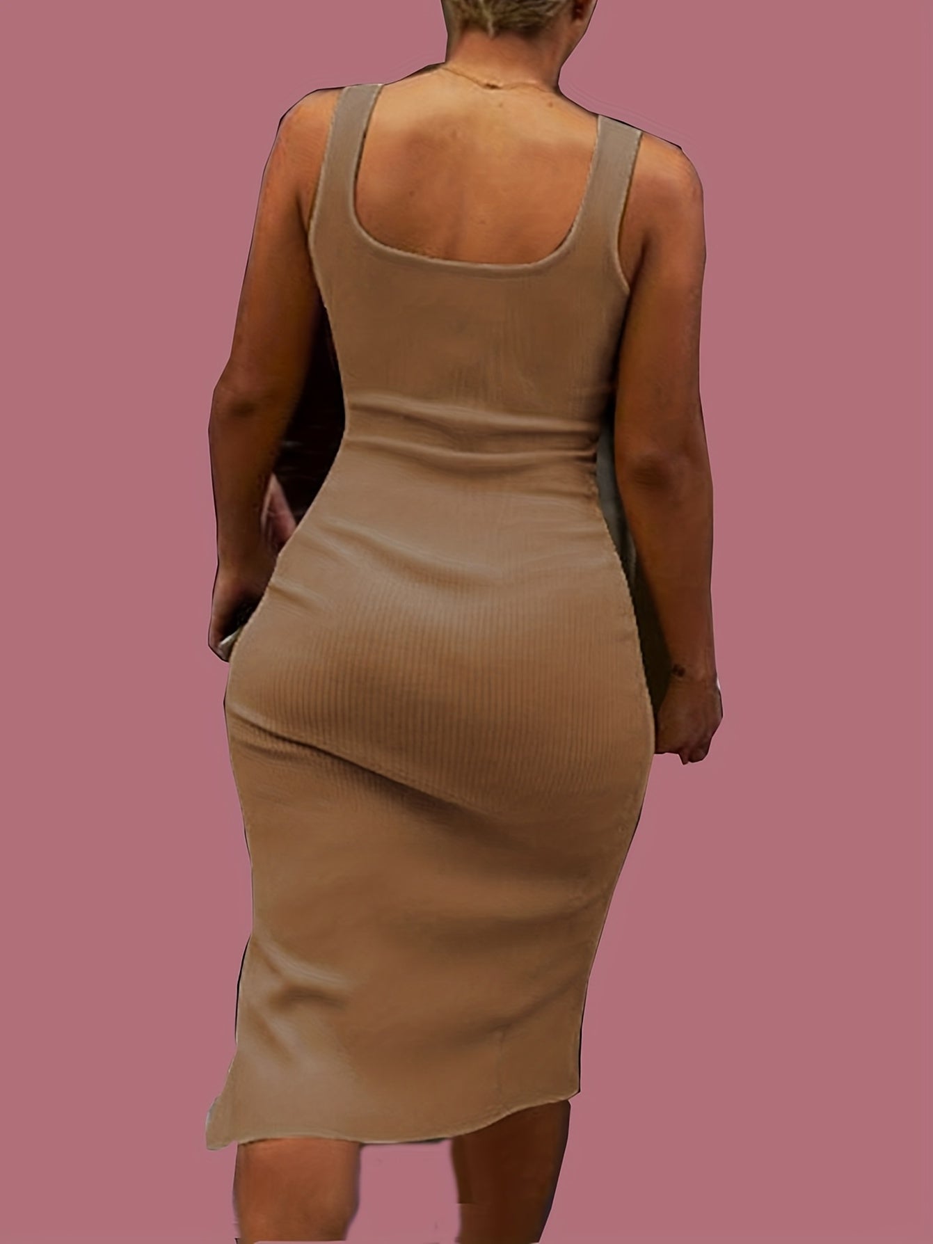  Solid Ribbed Square Neck Midi Tank Dress