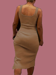  Solid Ribbed Square Neck Midi Tank Dress