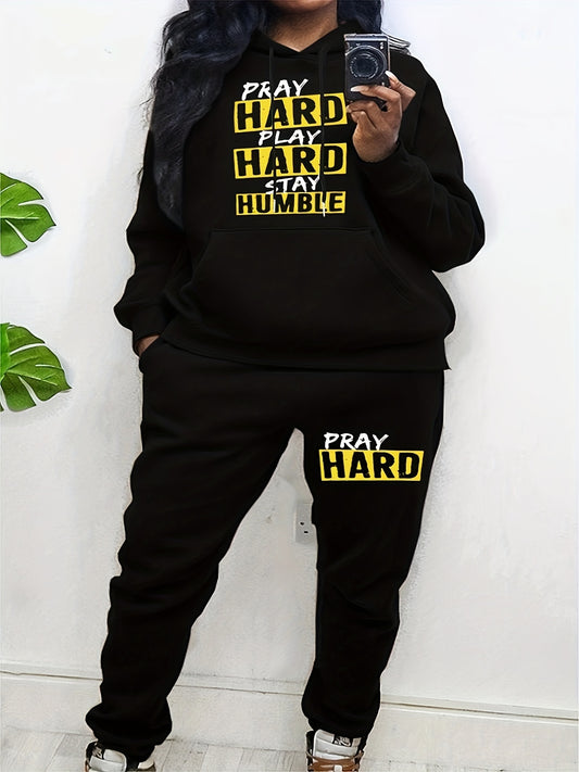  Women's 2 Piece Letter Print Hoodie & Joggers Outfit Set