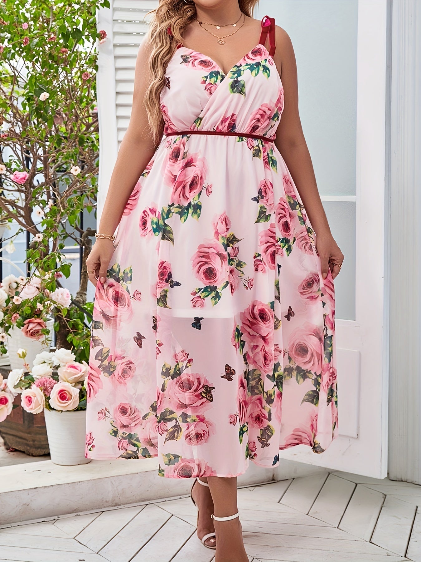  Rose Print Knot Strap Maxi Dress Women's Plus Romantic Long Dress