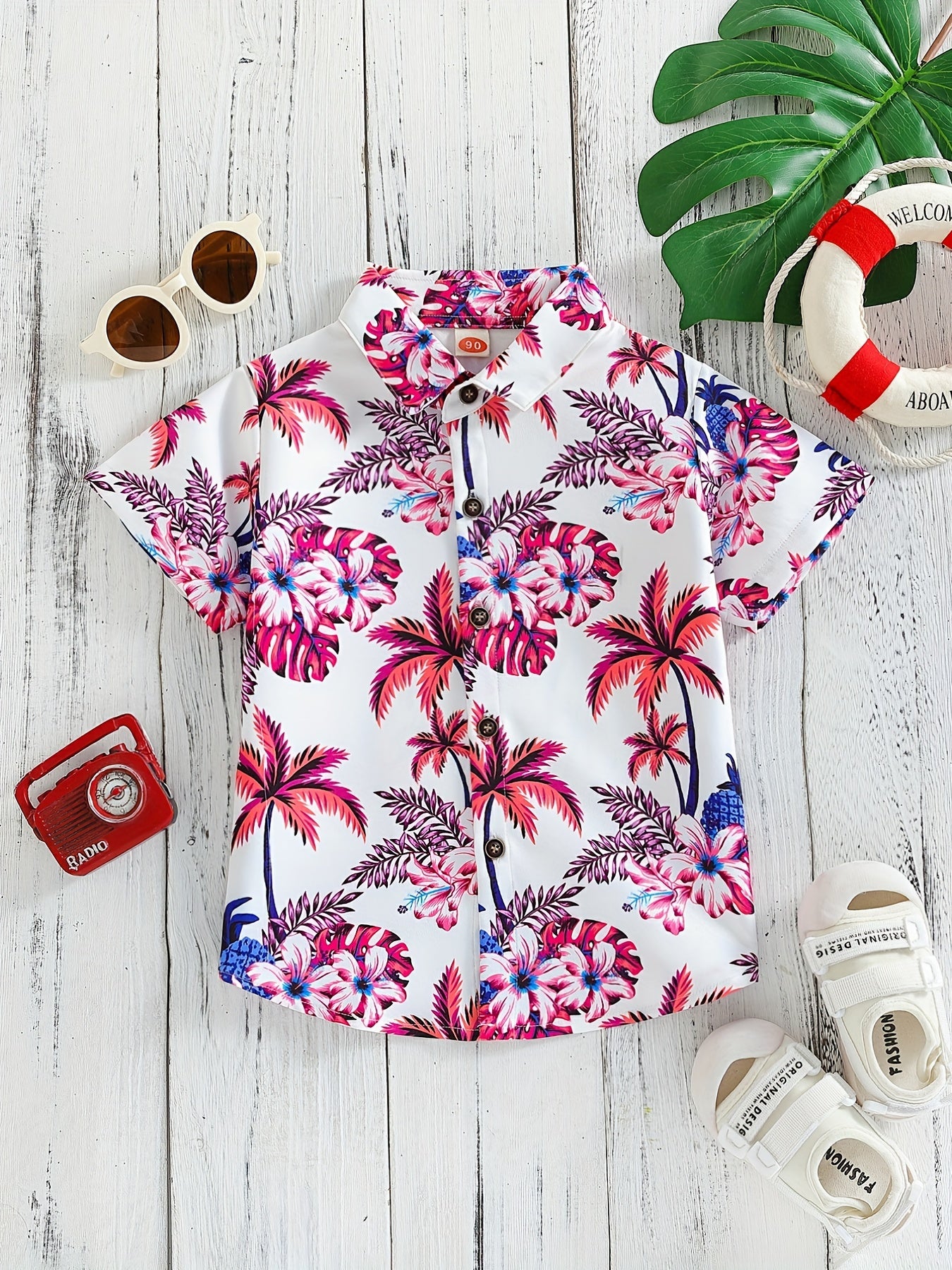 Boys Flowers & Leaves Print Short Sleeves Hawaiian Shirt for Beach Vacation