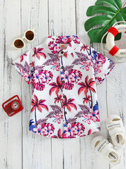 Boys Flowers & Leaves Print Short Sleeves Hawaiian Shirt for Beach Vacation