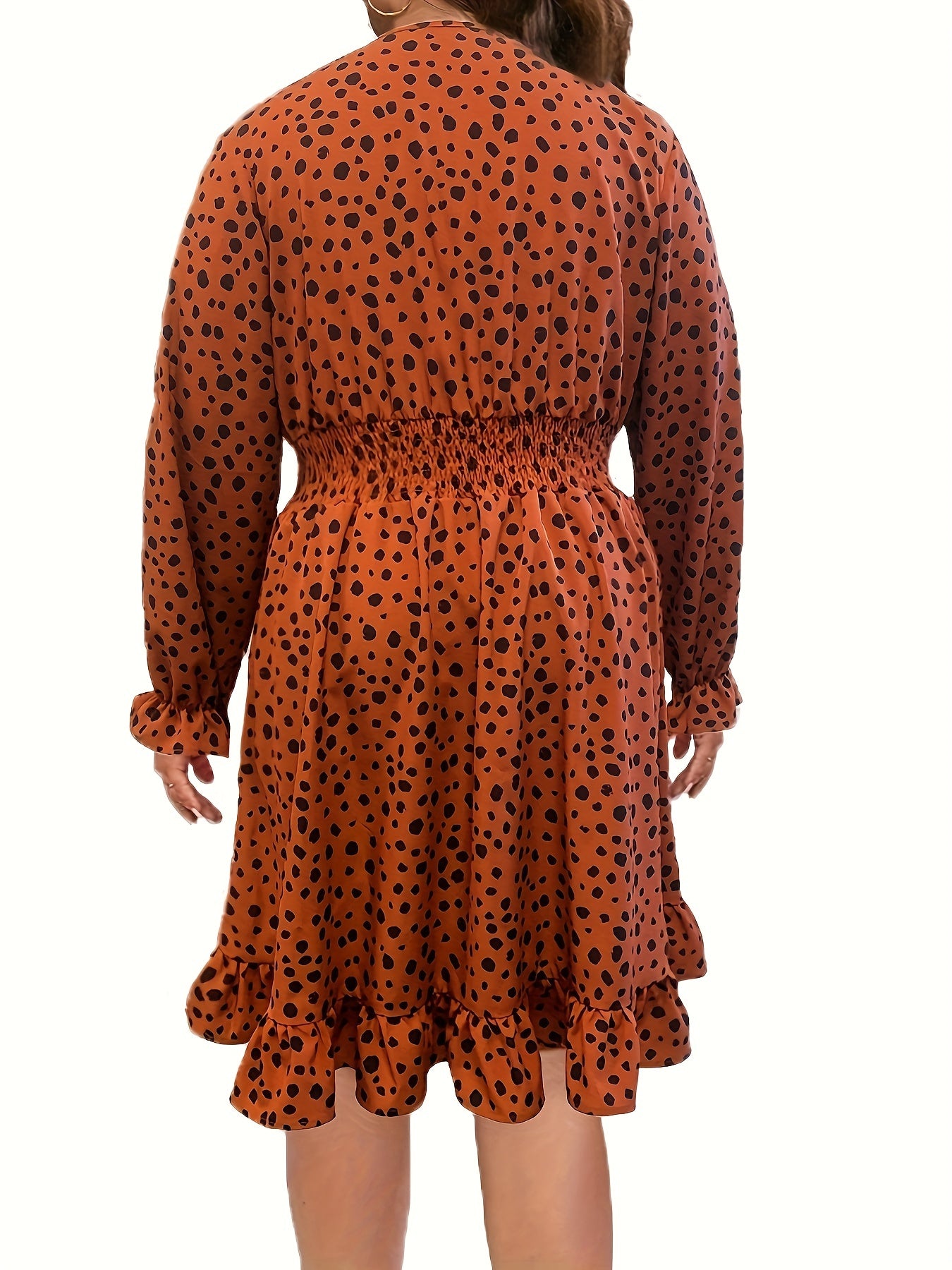 Women's Plus Leopard Print Lantern Sleeve Surplice Neck Ruffle Trim Dress