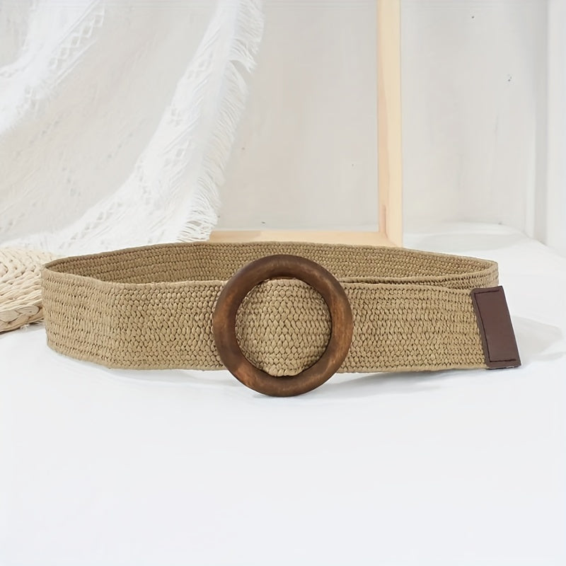 Bohemian Vintage Straw Belt with Round Buckle
