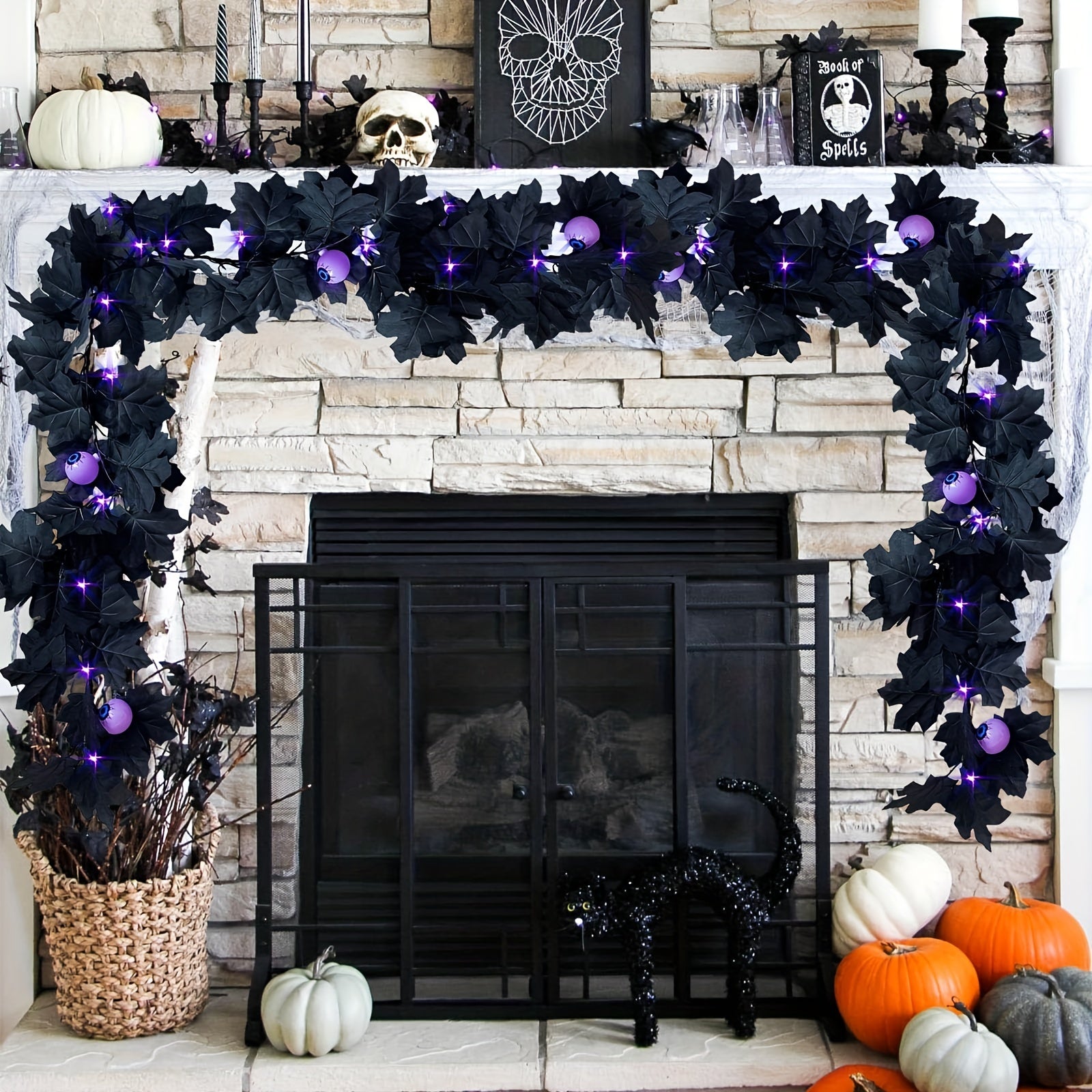 Halloween Eyeballs Purple Lights Garland 20 LED Maple Leaf 173cm Decor