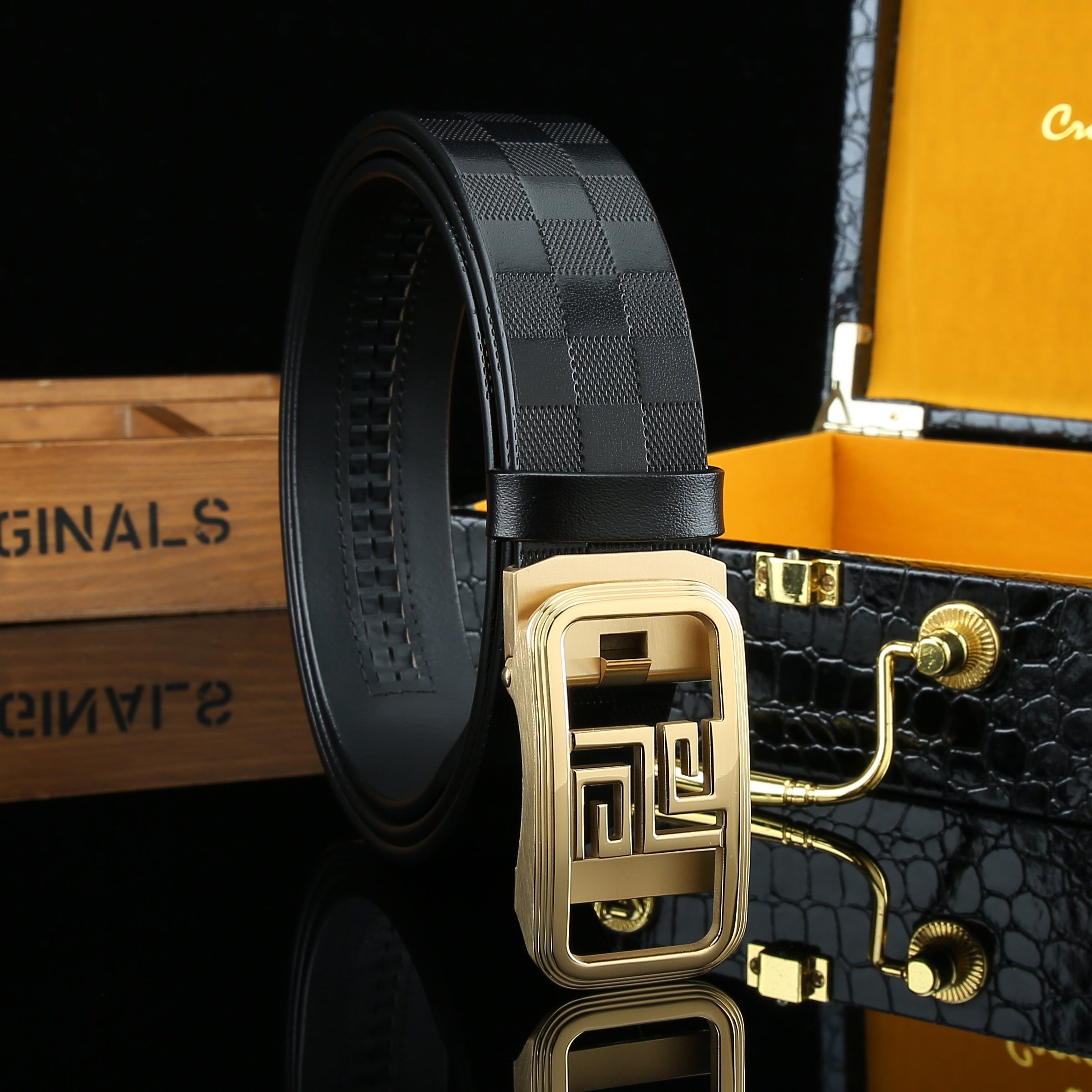 Men's Automatic Buckle Belt Cowhide Checkerboard Pattern Width 3 1/4in