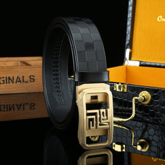 Men's Automatic Buckle Belt Cowhide Checkerboard Pattern Width 3 1/4in