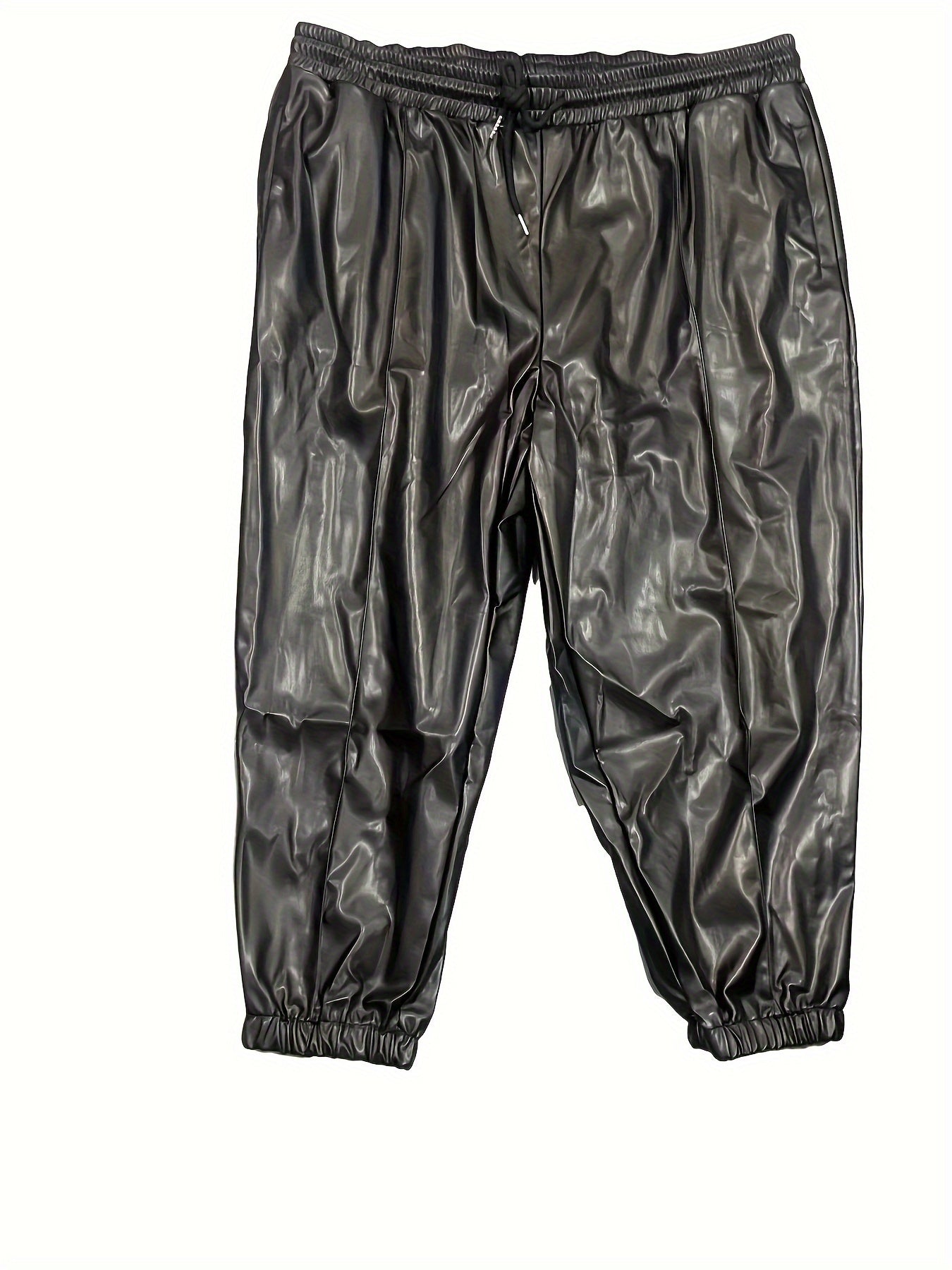  Solid Faux Leather Drawstring Trousers With Pockets