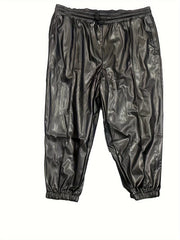  Solid Faux Leather Drawstring Trousers With Pockets