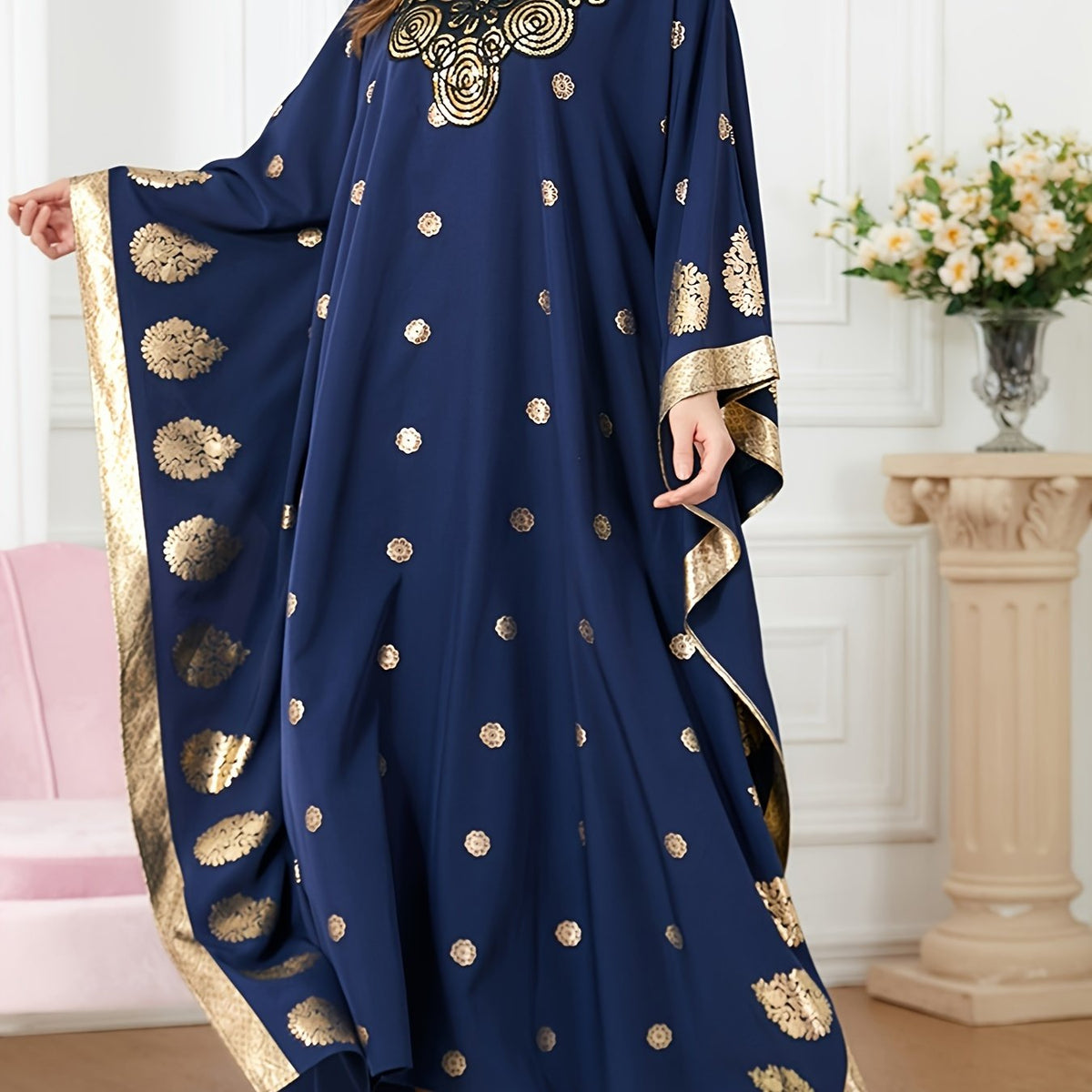  Golden Tribal Print Kaftan Dress V Neck