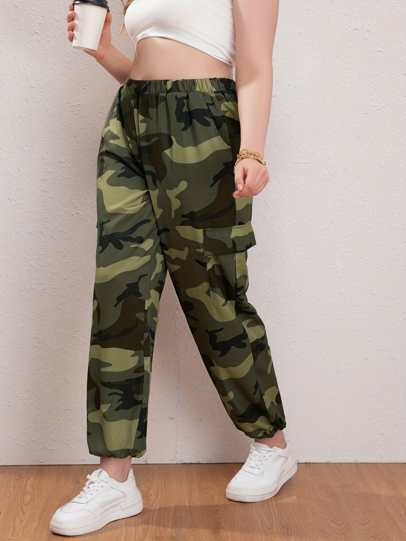 Women's Plus Camo High Rise Jogger Cargo Trousers
