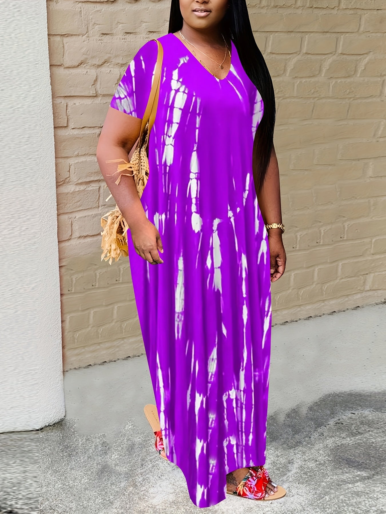  Tie Dye Maxi Dress Short Sleeve Round Neck High Stretch