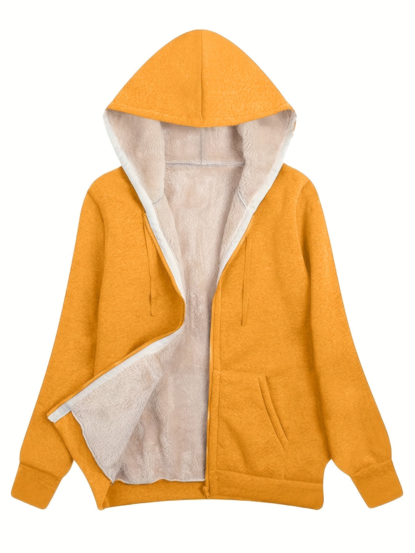 Fuzzy Hooded Jacket Casual Zip Up Drawstring Long Sleeve Solid Outerwear