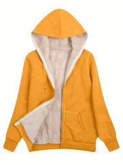 Fuzzy Hooded Jacket Casual Zip Up Drawstring Long Sleeve Solid Outerwear