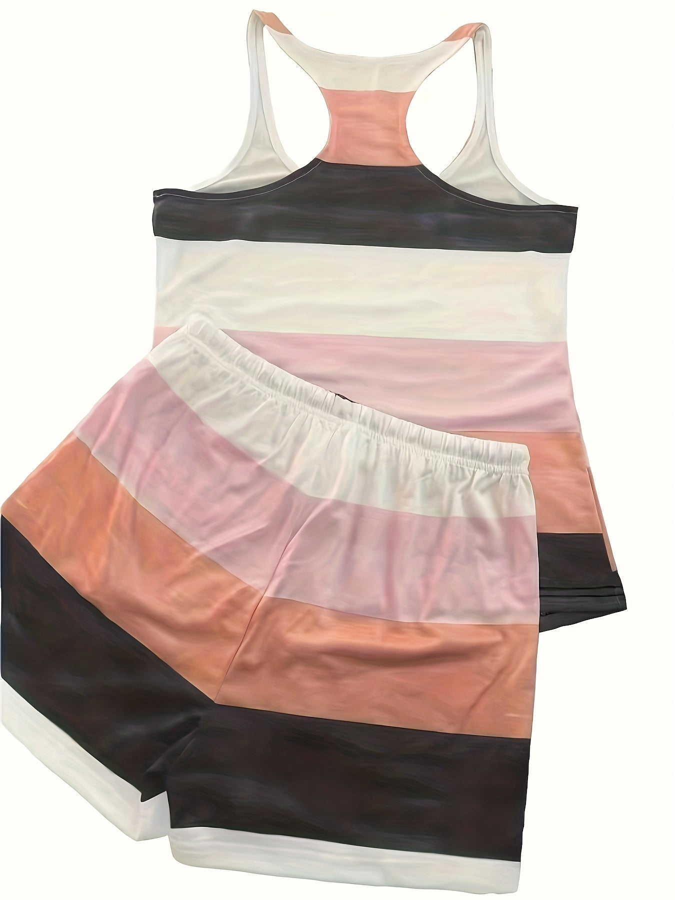 Striped 2pc Set Tank Top & Elastic Waist Shorts Outfit Women's Clothing