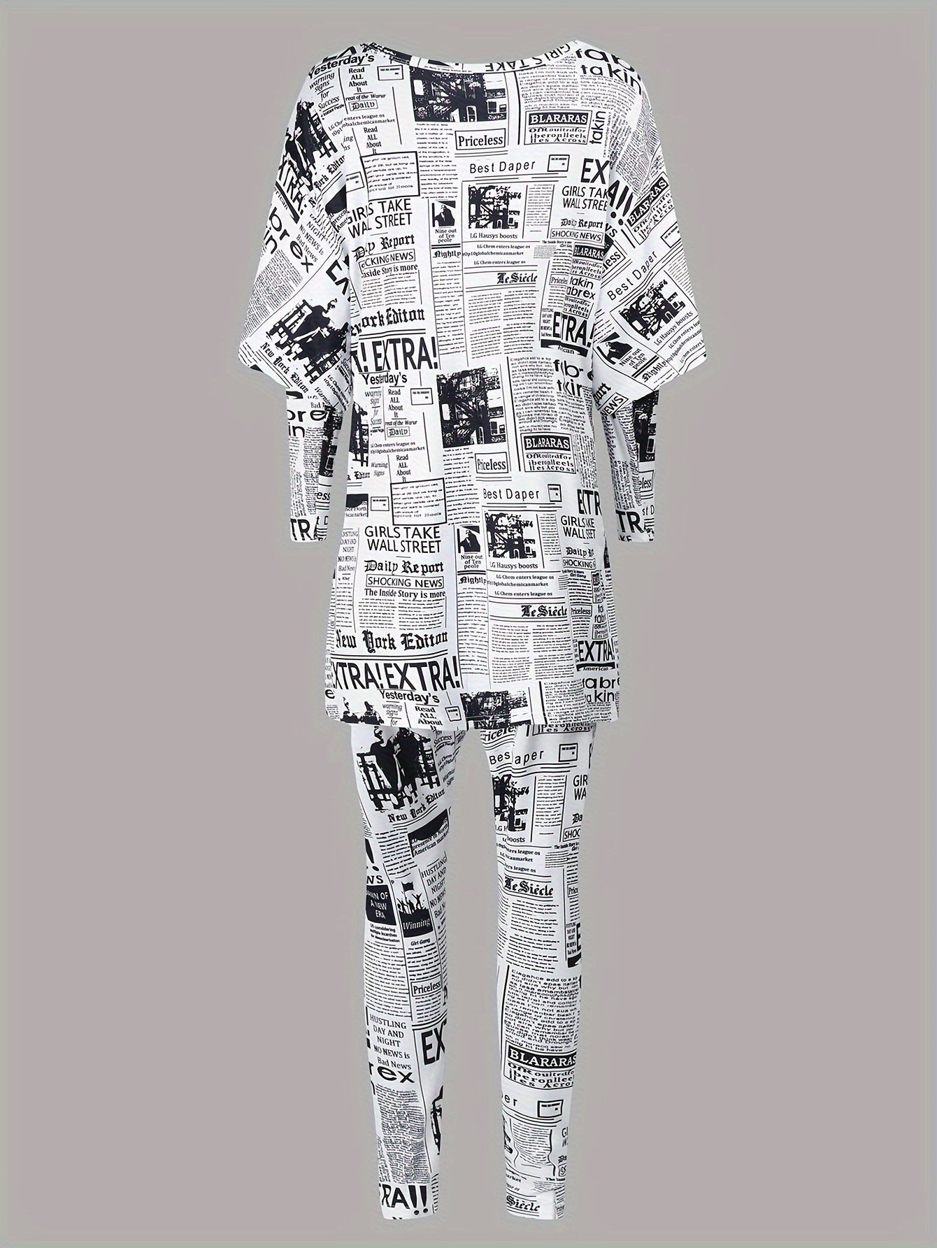  Newspaper Print Layered Top & Leggings Outfit Set