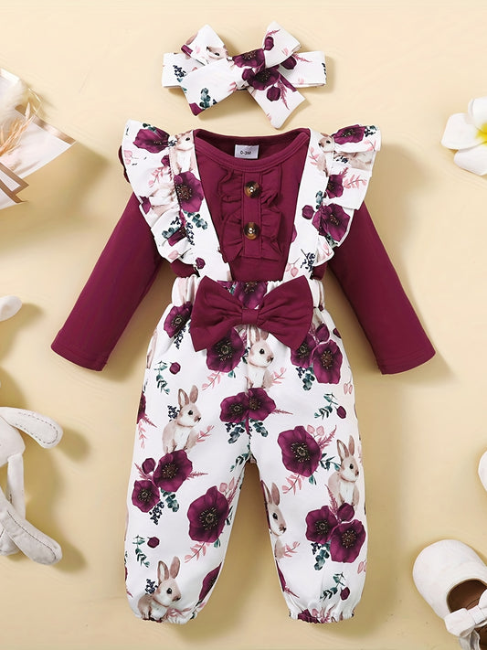 Baby Girls Floral Suspender Pants & Romper Set