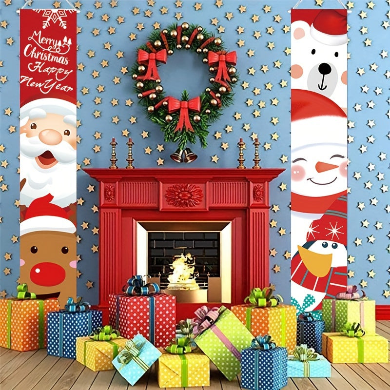 Christmas Porch Sign Santa & Snowman Hanging Banners Home Wall Front Door Decor